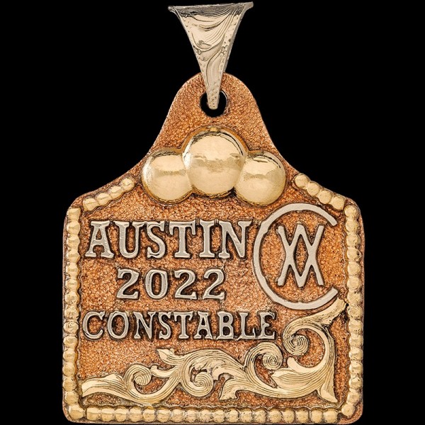 Muffin, Copper base 1.75"x1.50". Beautifully decorated with Jewelers Bronze scrollwork and bead edge. German Silver letters and Ranch Logo.

Chain not 